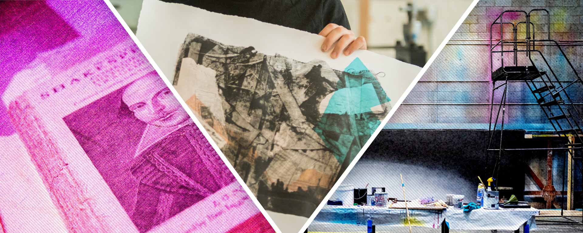 Collage of items related to english, studio art and theater art.