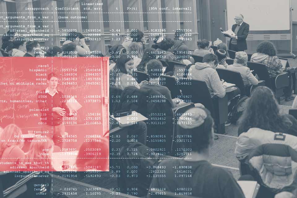 Illustration of two classrooms, representing different types of learning environments, with data overlaid.