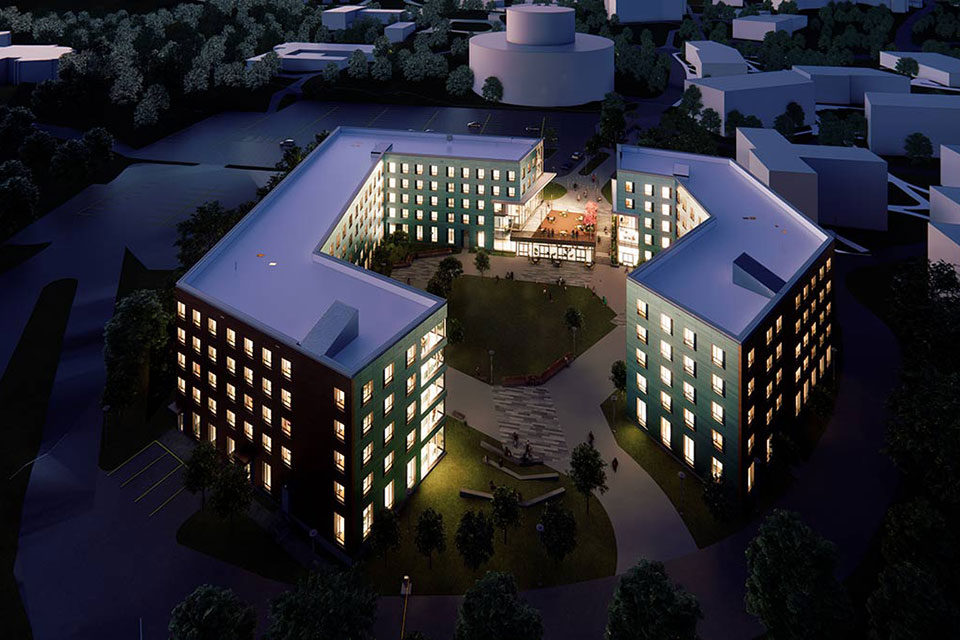 A rendering of the new residence hall from the south side of campus.
