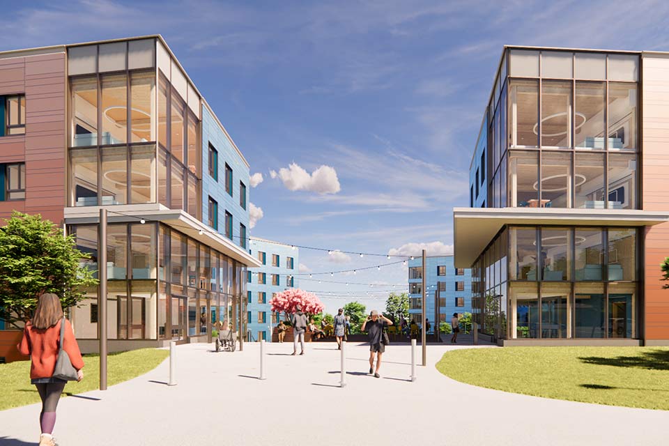 Aerial rendering of new residence hall situated on the lower side of the Brandeis campus